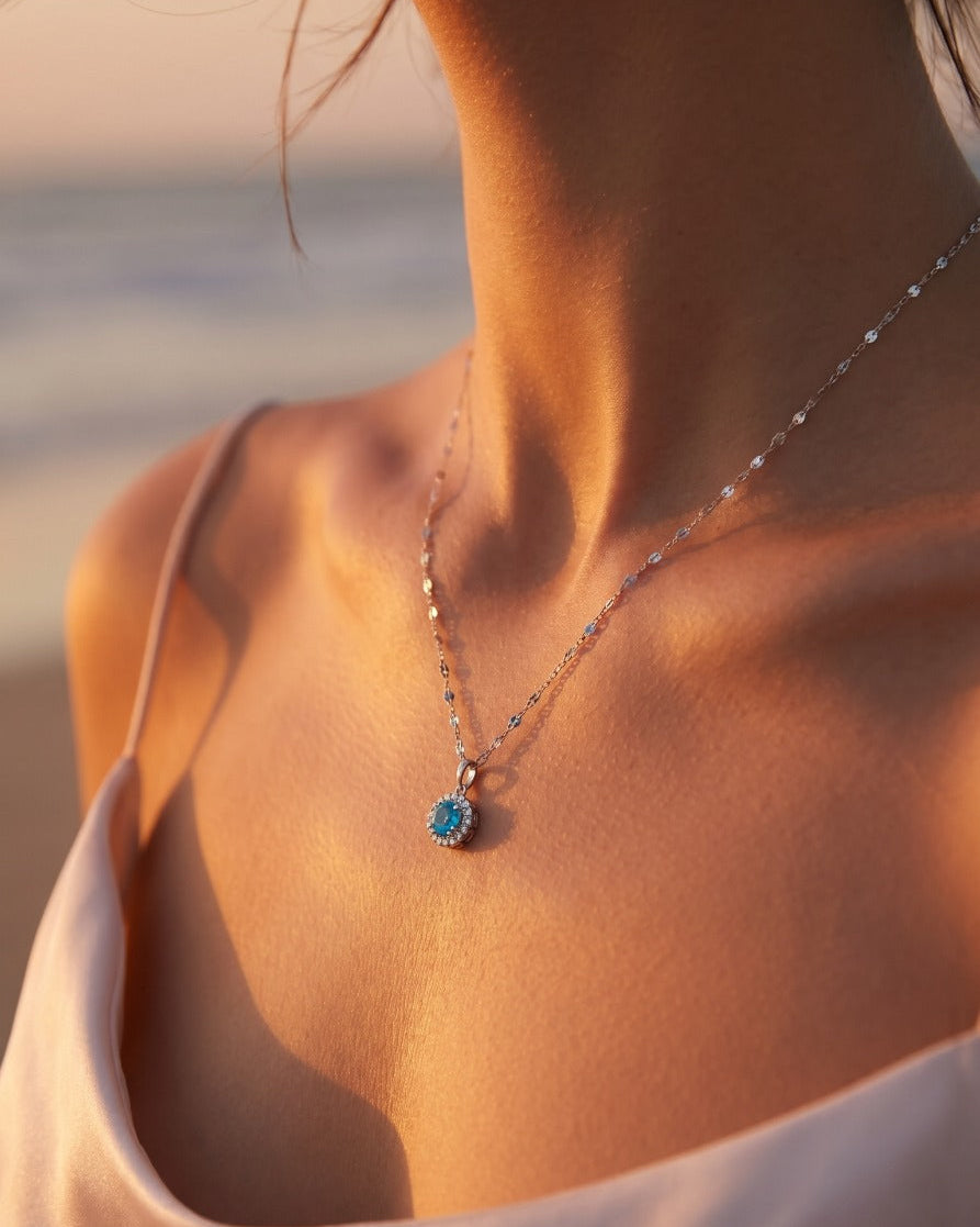 Blue Halo Necklace | Blue 925 Silver Pavé Halo Pendant