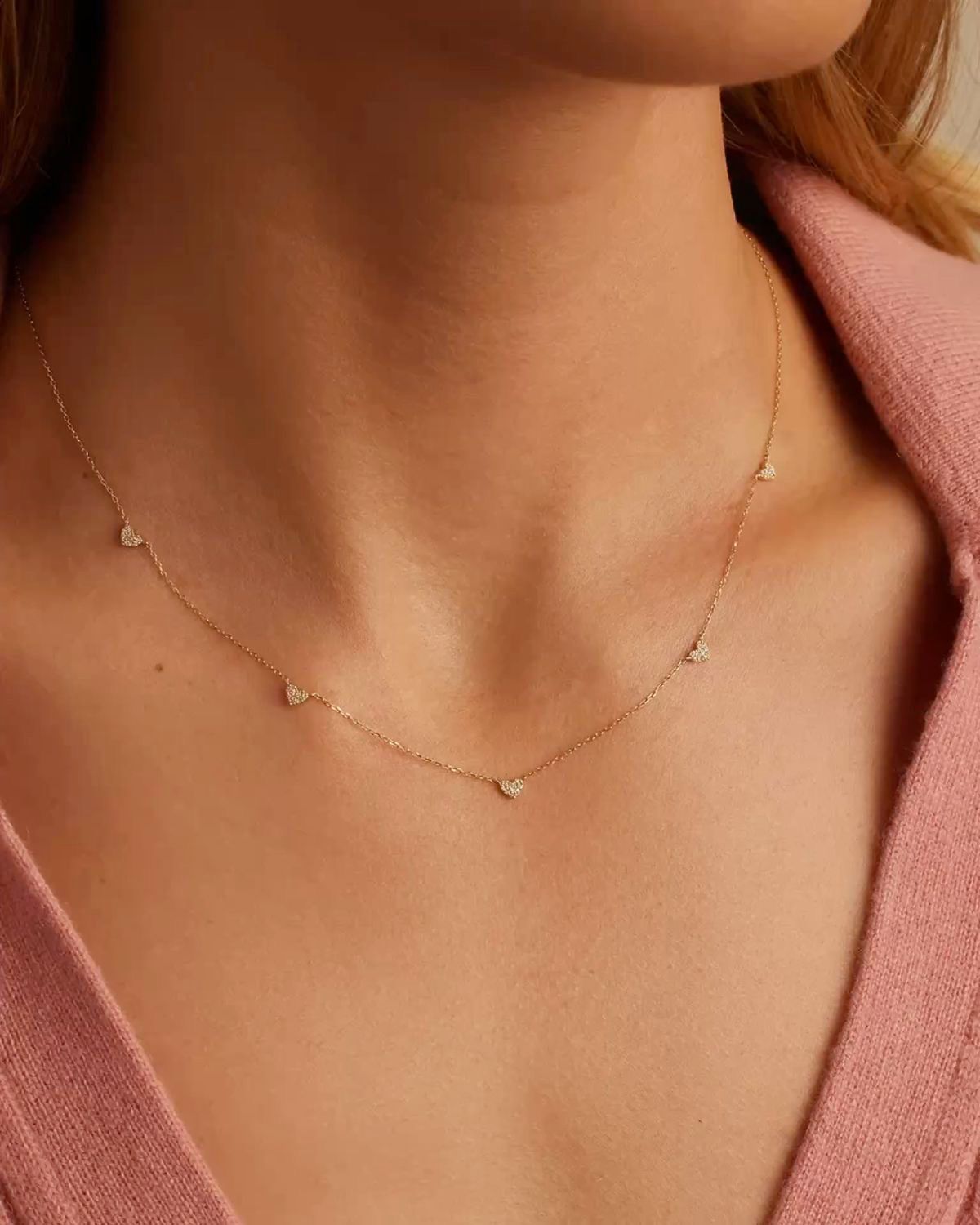 925 Silver Heart Station Necklace #color_rose gold
