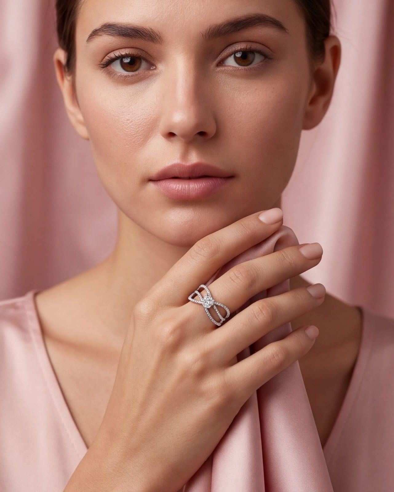 Woman wearing a diamond ring with a pink background  #color_silver