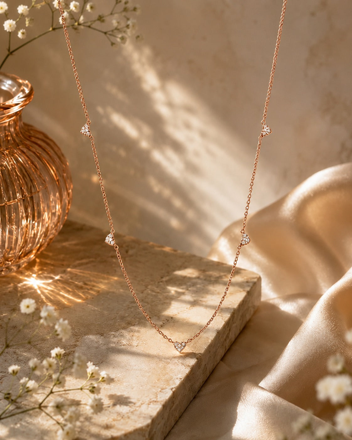 925 Silver Heart Station Necklace #color_rose gold