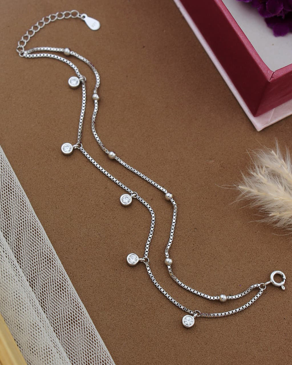 Silver crystal drop anklet