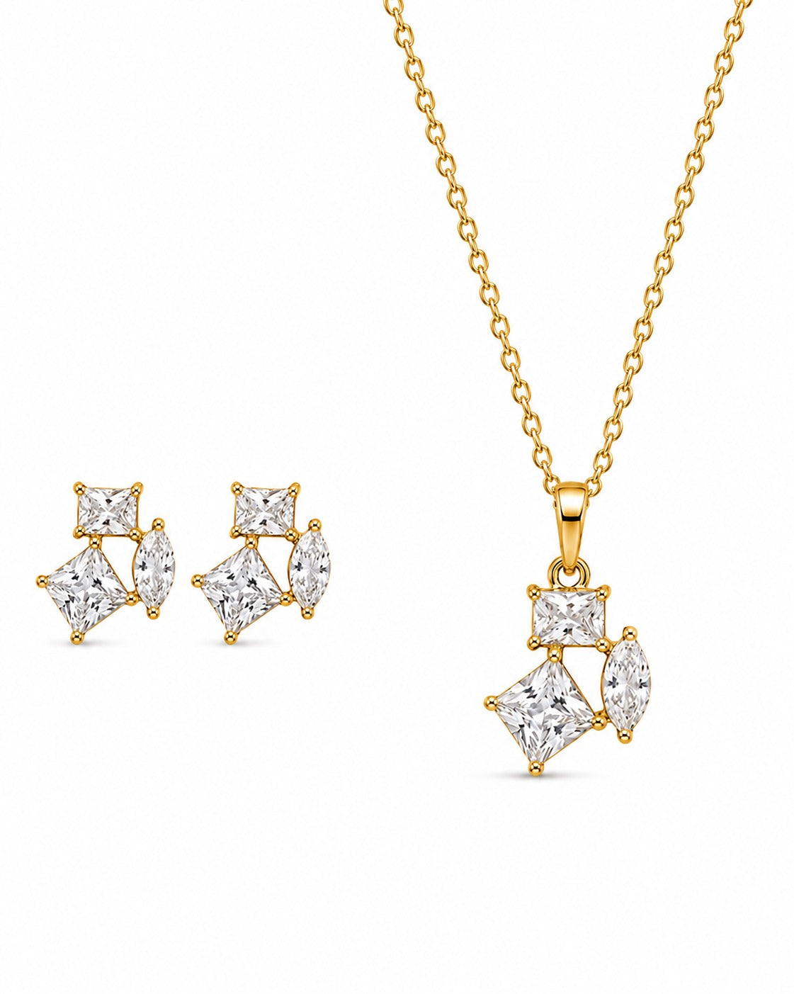 925 Sterling Silver geometric cluster necklace and earrings set #color_gold