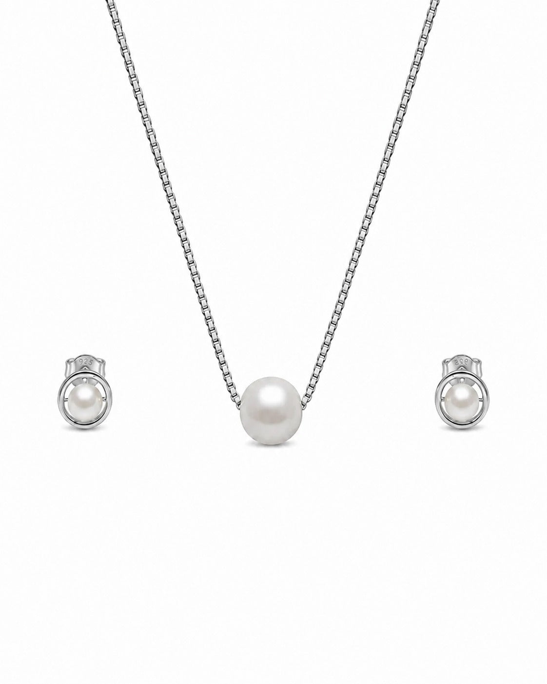 Round Pearl Necklace & Earrings Set | 925 Sterling Silver Jewelry