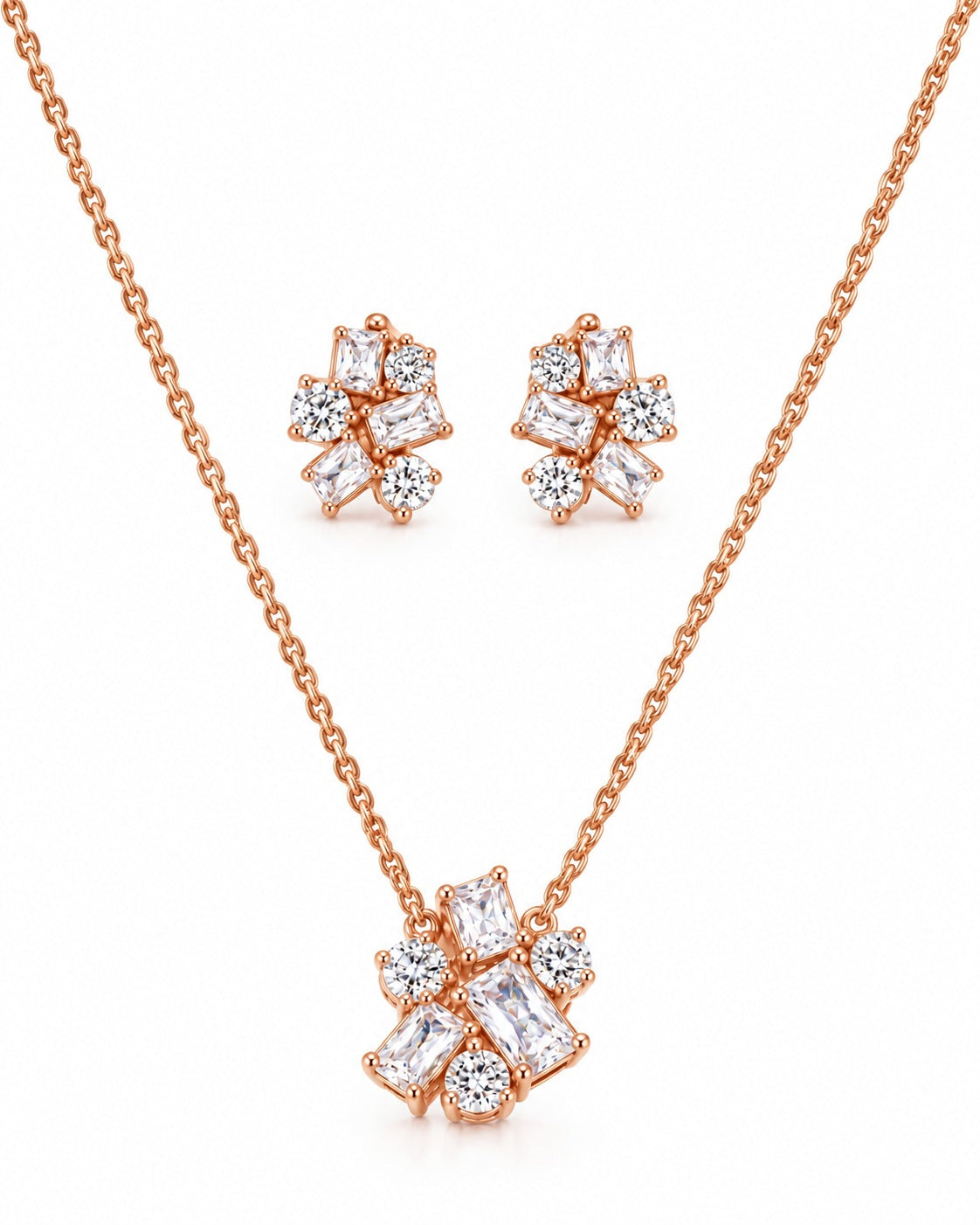 925 Sterling Silver mixed-cut cluster necklace and earrings set with warm-toned finish
