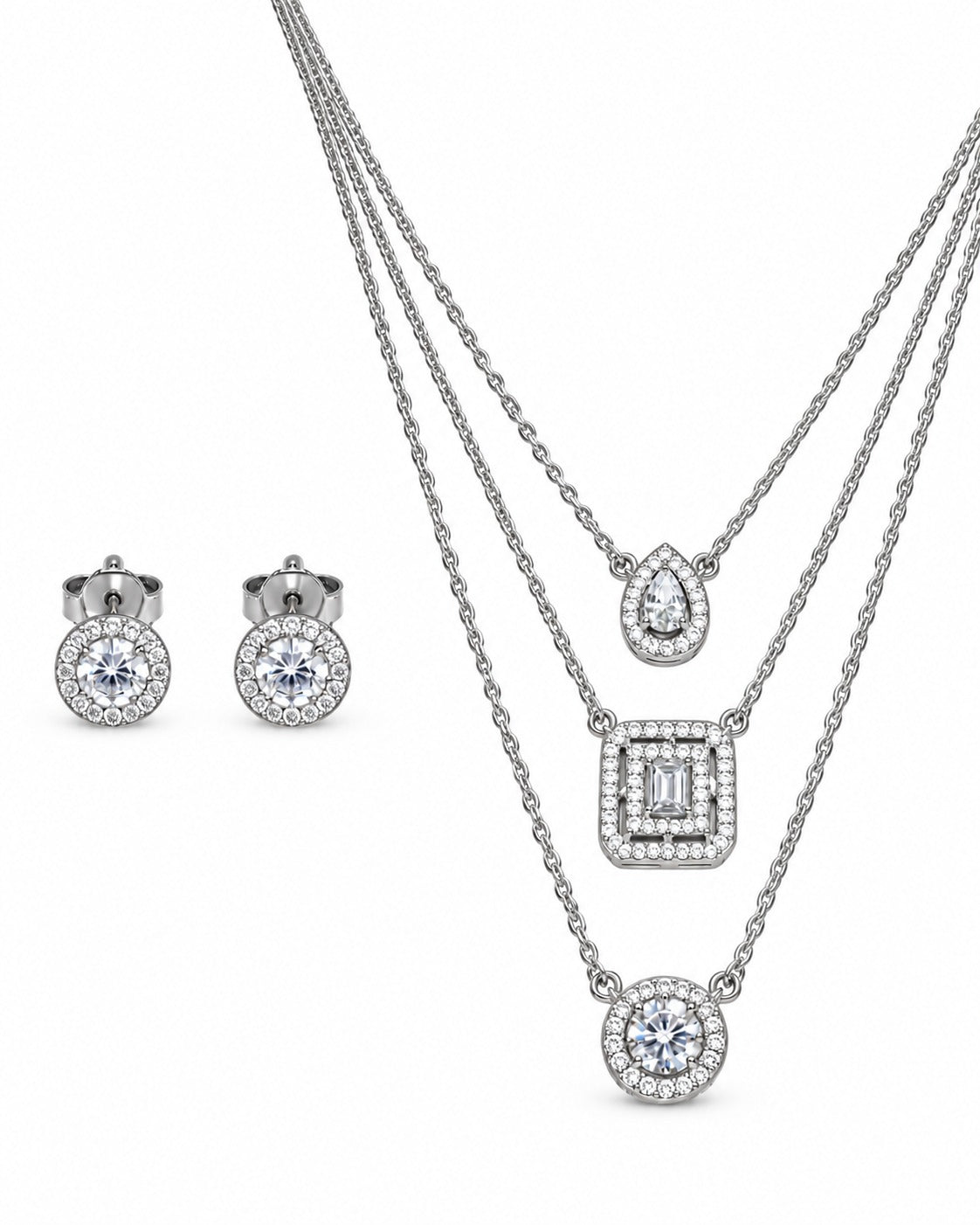 Geometric Layered Necklace & Earrings Set in 925 Silver | Cilvira