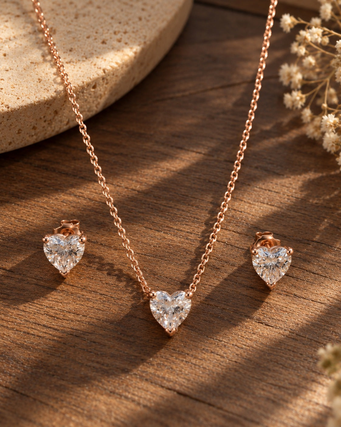 925 Sterling Silver heart-shaped solitaire necklace and earrings set #color_rose gold
