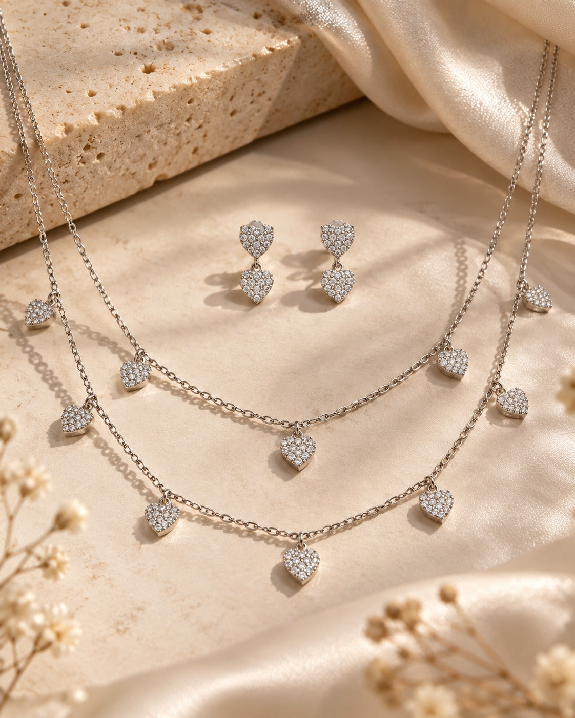 Pavé Heart Layered Jewelry Set | 925 Sterling Silver Necklace & Earrings