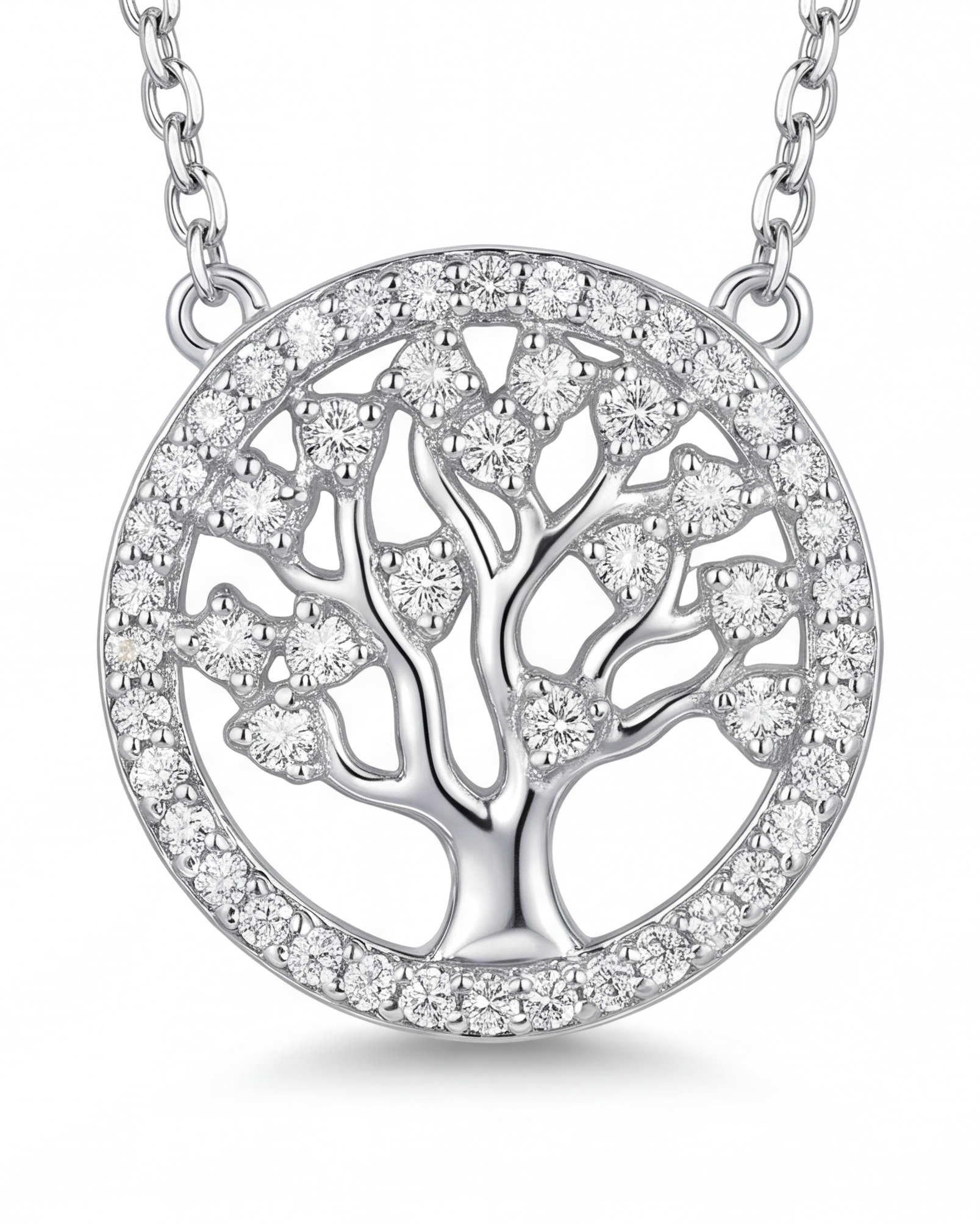 Silver necklace with a tree of life pendant on a white background #color_silver