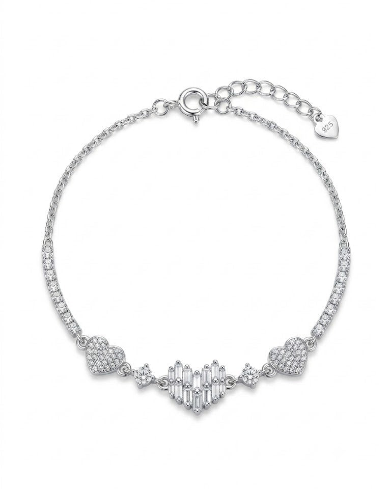 bracelet with pavé hearts and baguette-cut center design #color_silver