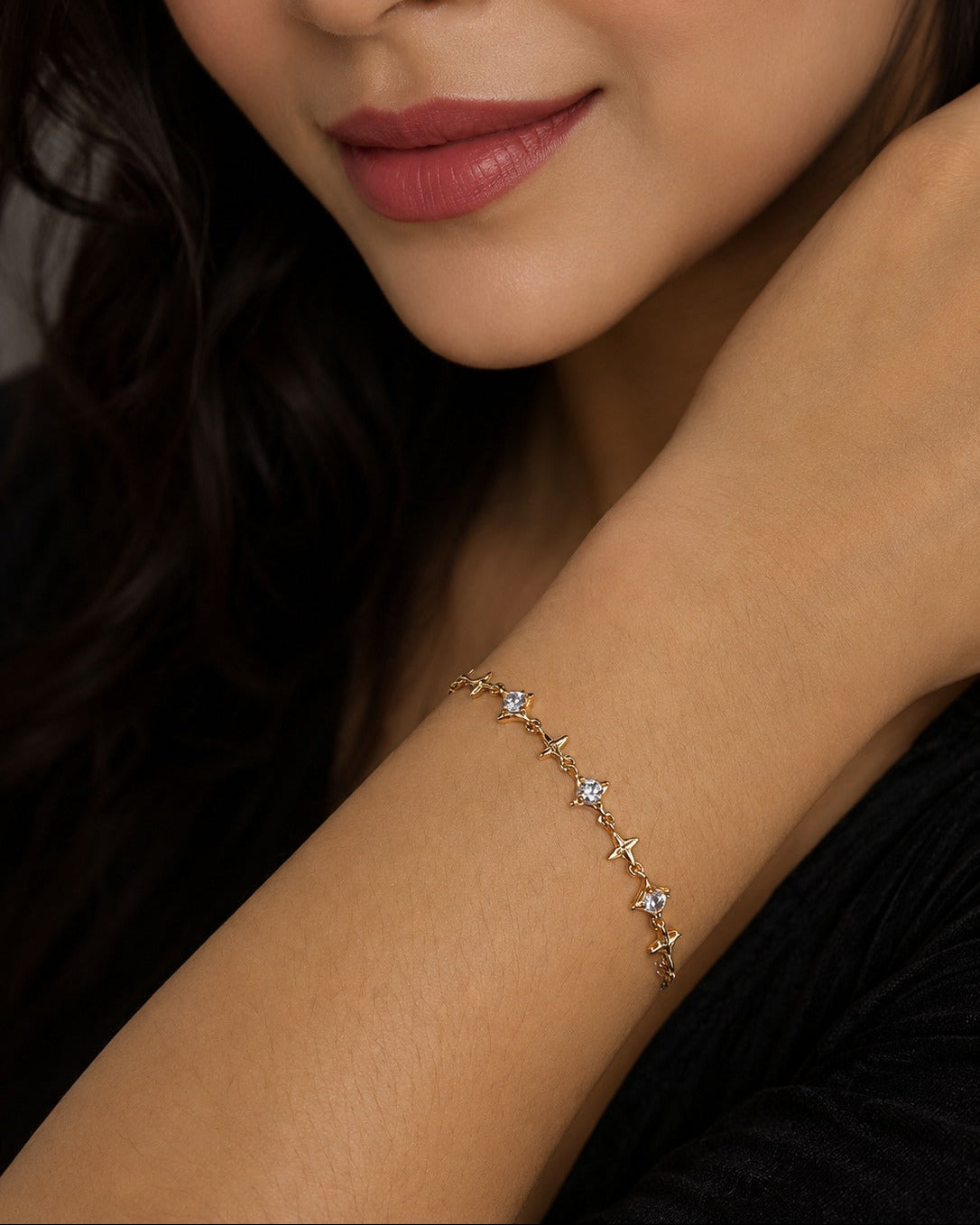 celestial star bracelet with chain and heart tag #color_rose gold