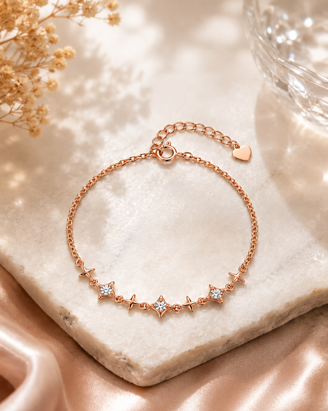 celestial star bracelet with chain and heart tag #color_rose gold
