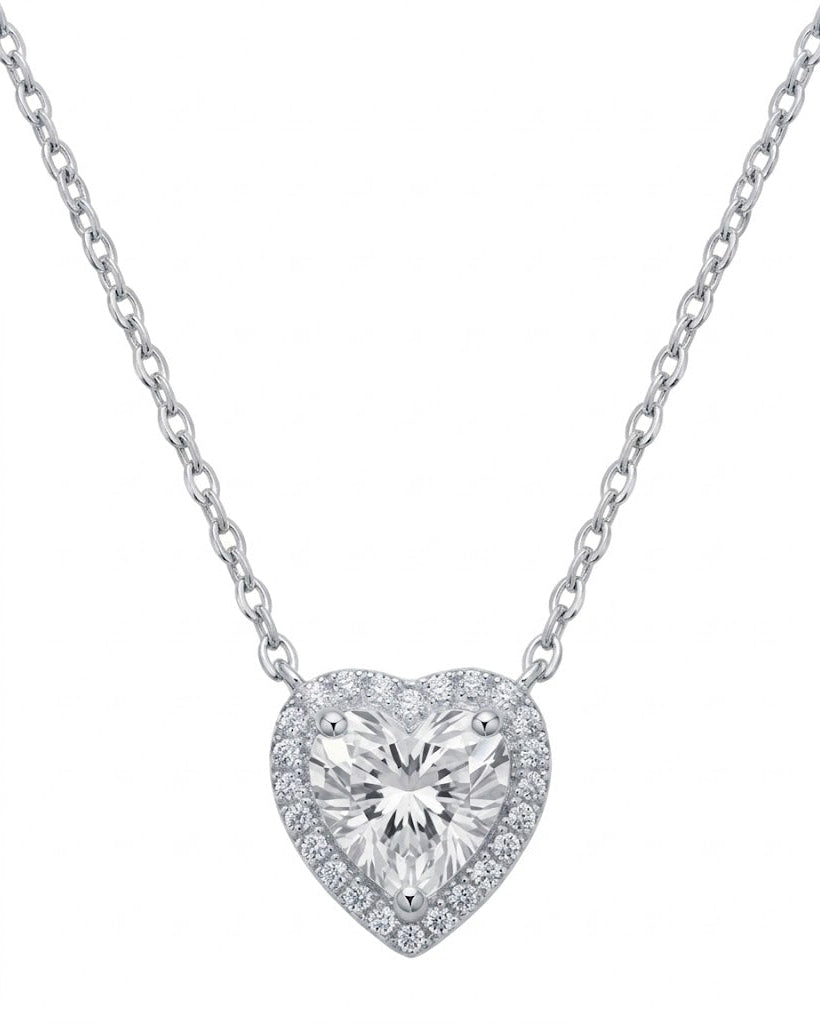 Heart-shaped diamond necklace on a white background #colour_silver