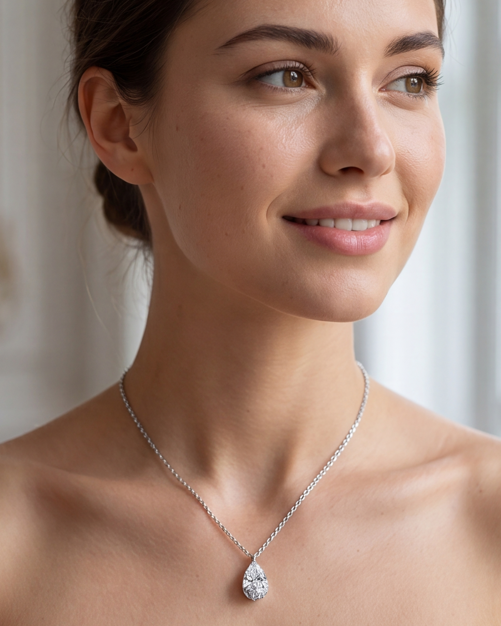Woman wearing a silver necklace with a pear-shaped pendant indoors #color_silver