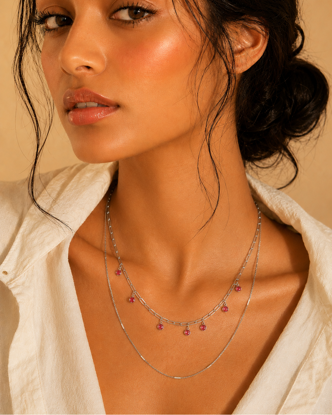 layered necklace with elongated link chain and pink accents #color_silver