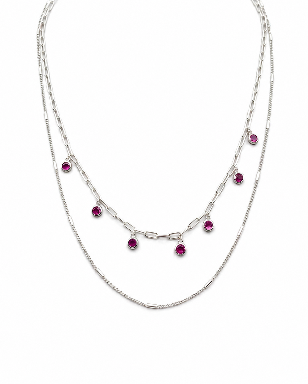 layered necklace with elongated link chain and pink accents #color_silver