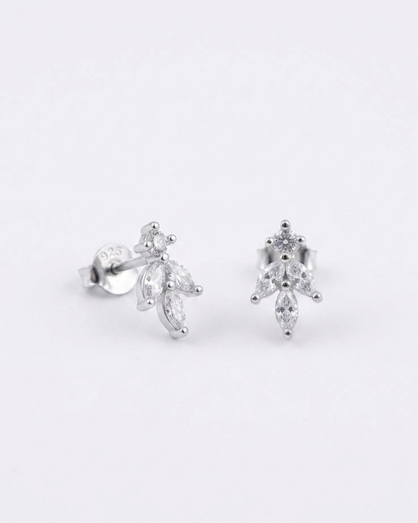 marquise-cut white stone cluster leaf stud earrings #color_silver