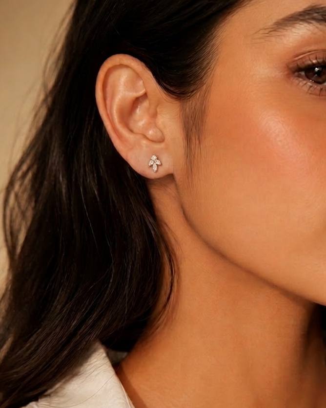 marquise-cut white stone cluster leaf stud earrings #color_rose gold