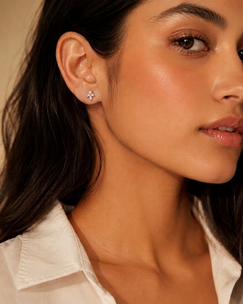 marquise-cut white stone cluster leaf stud earrings #color_rose gold