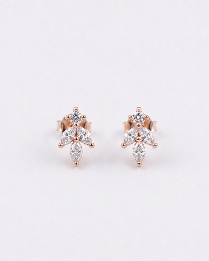 marquise-cut white stone cluster leaf stud earrings #color_rose gold