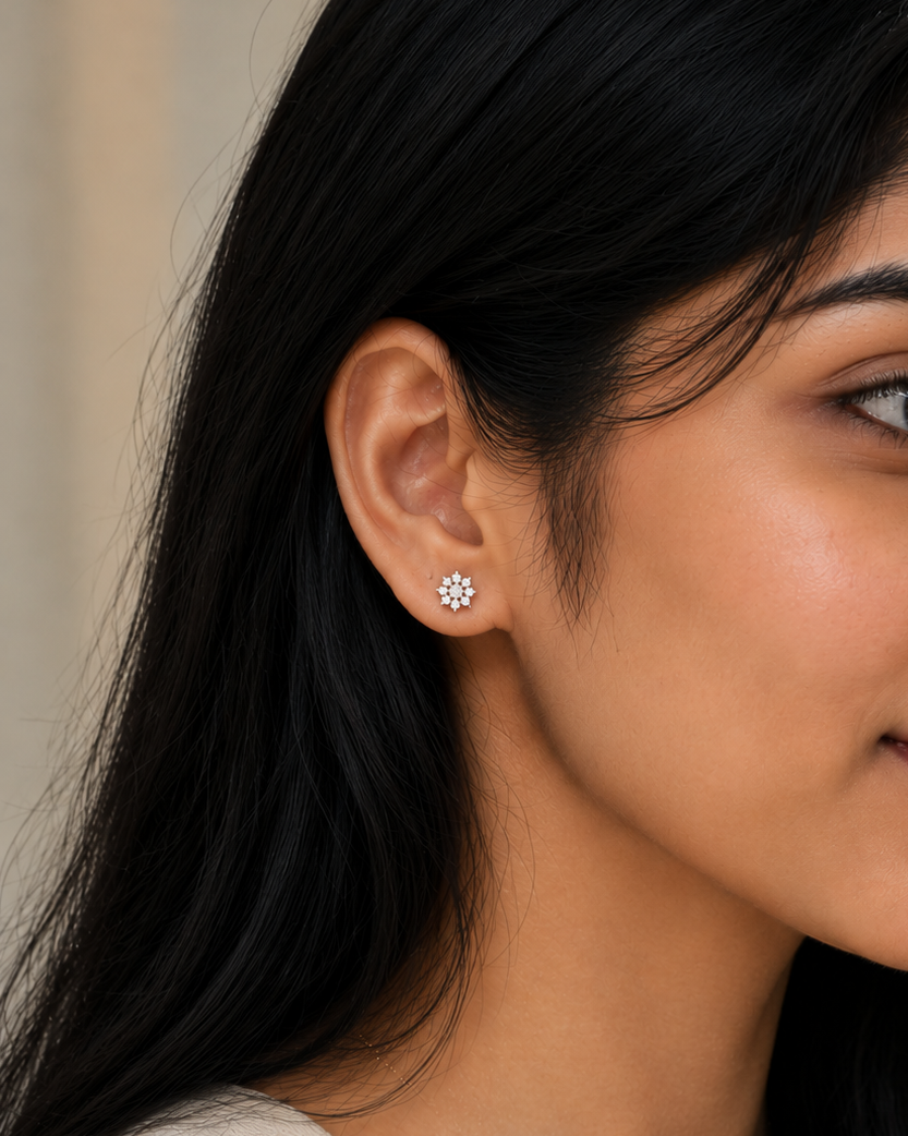 snowflake cluster stud earrings with brilliant white accents #color_silver