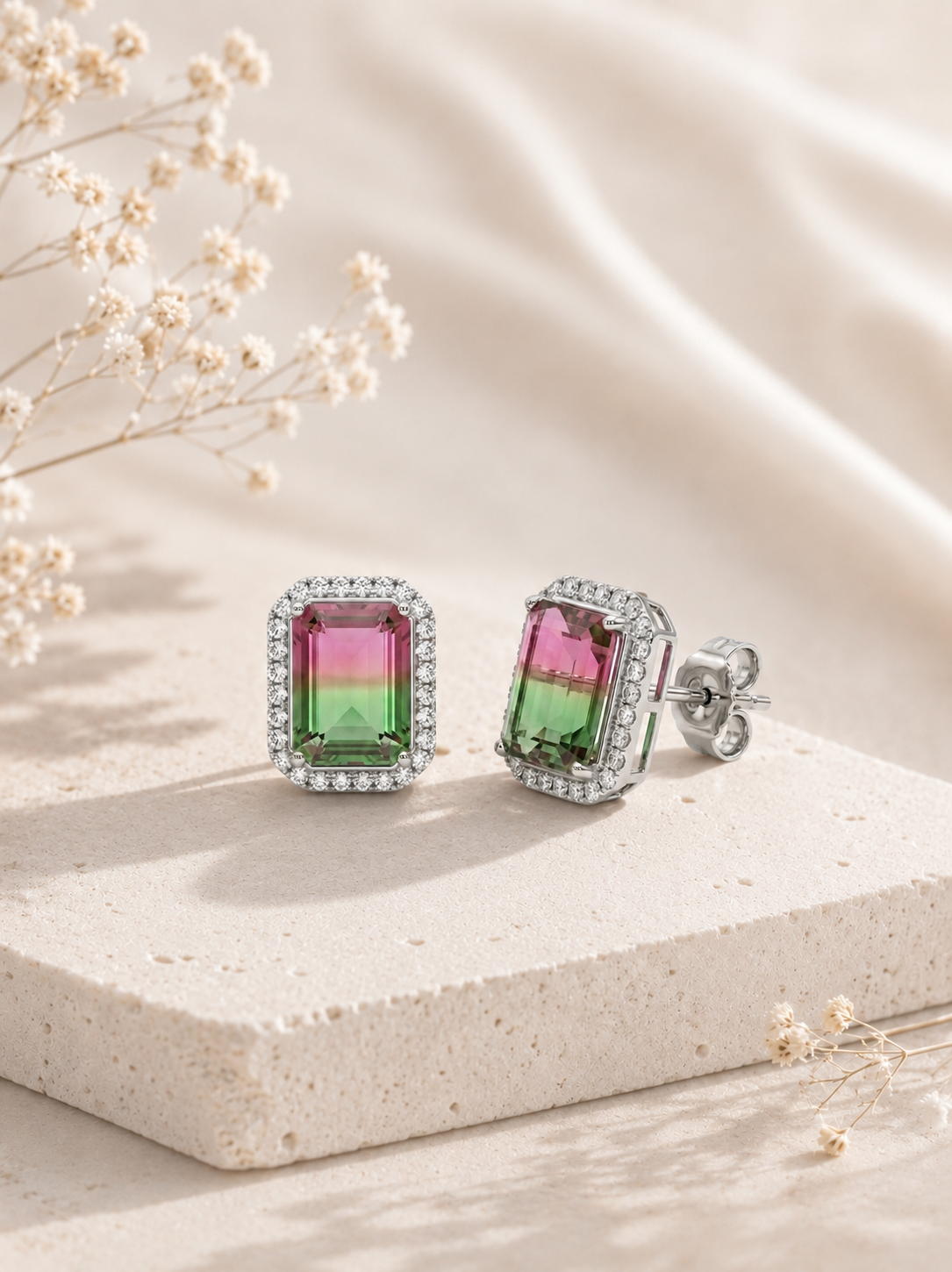 Aurora Watermelon Gem Stud Earrings #color_silver