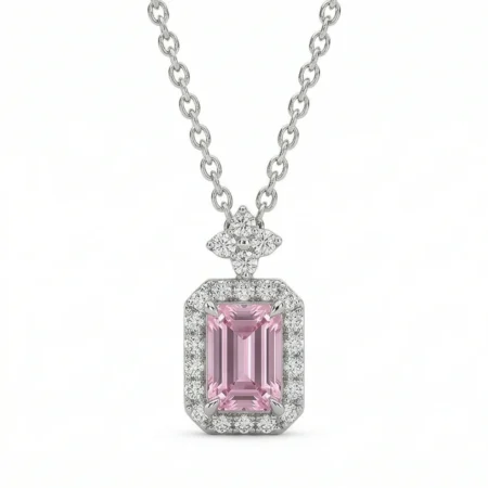 Eliza  Pink Emerald-Cut Halo Pendant